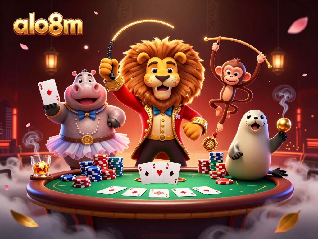 Engage in thrilling games with alo8m at this vibrant 3D casino scene featuring dynamic characters.