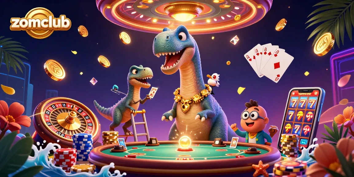 Spin the reels at zomclub with a 3D dinosaur themed casino scene featuring vibrant game elements.