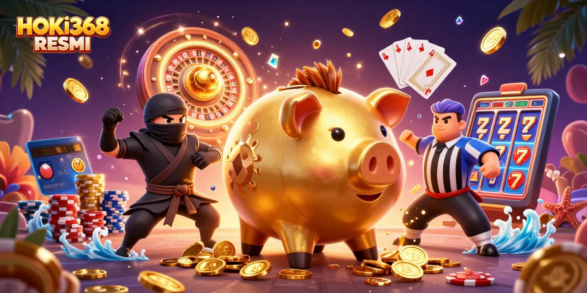 Experience the excitement of HOKI368 RESMI with golden coins and vibrant casino elements in action.