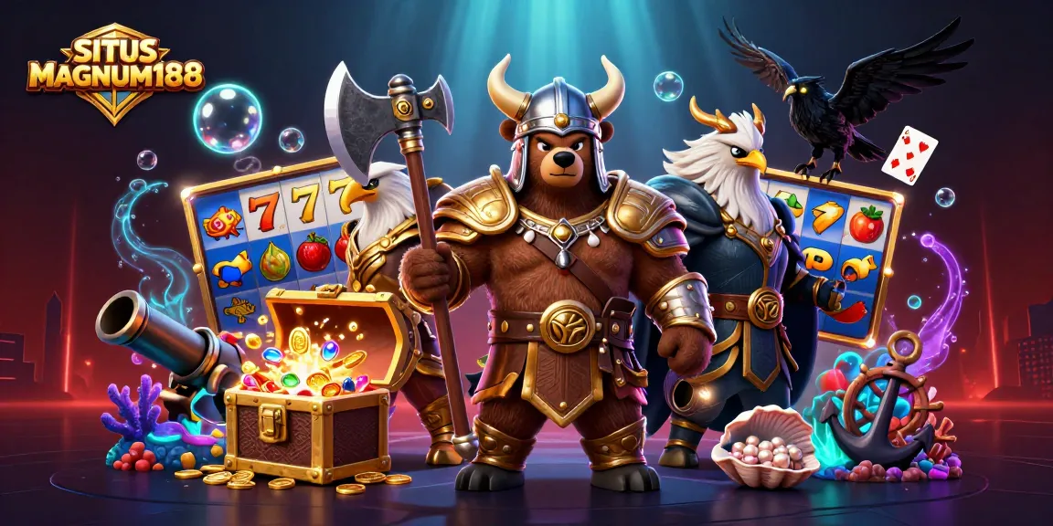 SITUS MAGNUM188 showcases thrilling online slot games with immersive Viking characters in a vibrant casino scene.