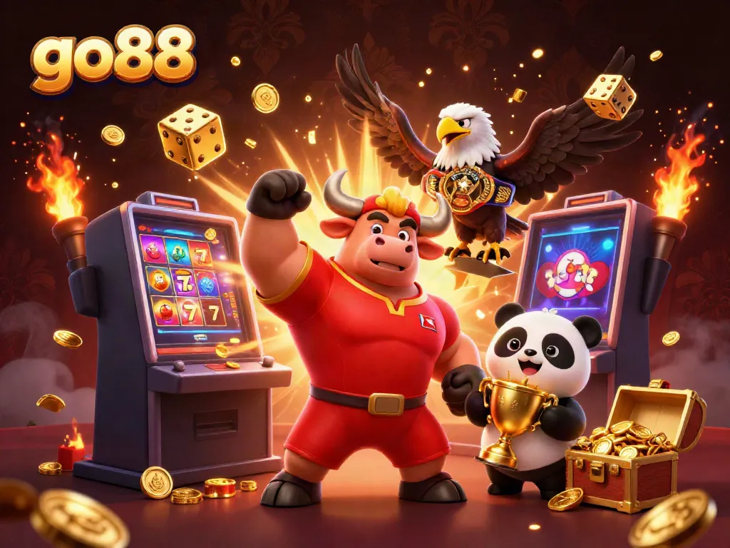 Engage with go88’s vibrant casino world featuring a joyful cartoon bull, eagle, and panda celebrating on a slot machine