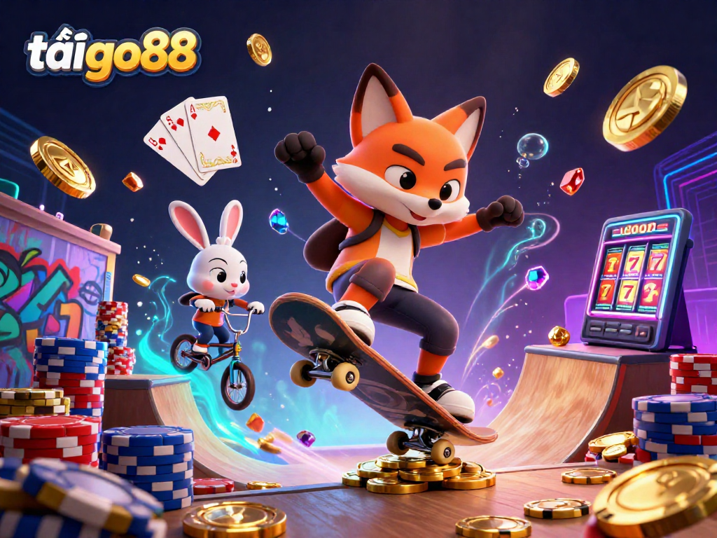 Tải go88 as cartoon fox skateboards over golden poker chips with casino elements flying around