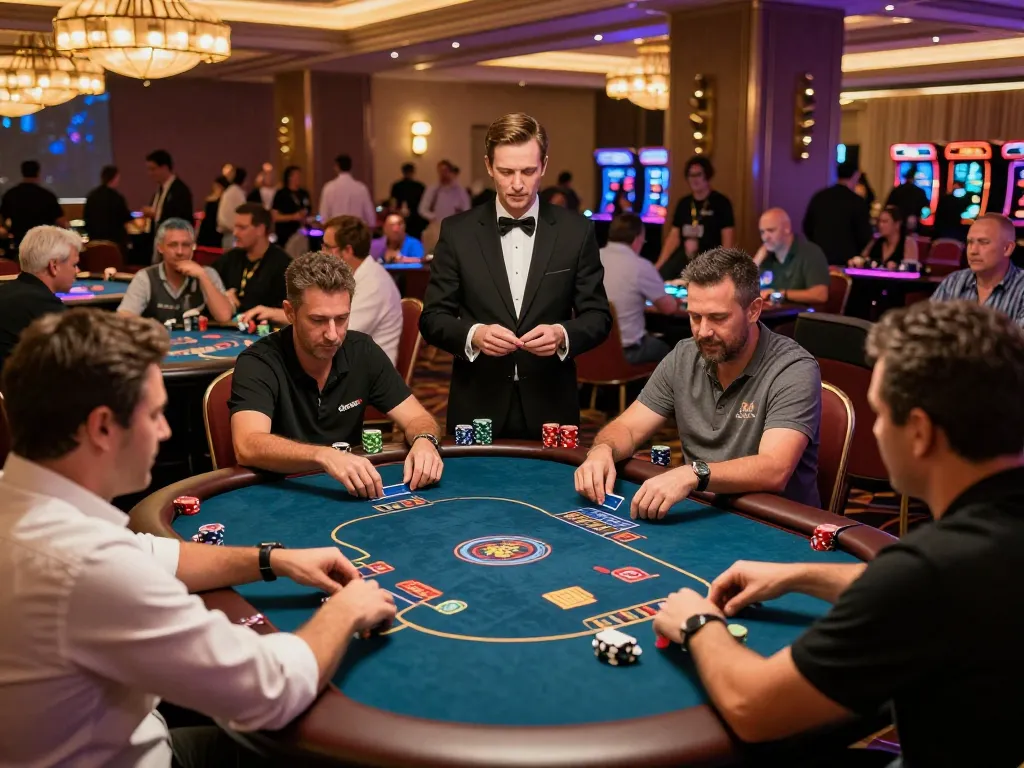 Watch players strategizing at Sunwin poker tables in a vibrant casino atmosphere.