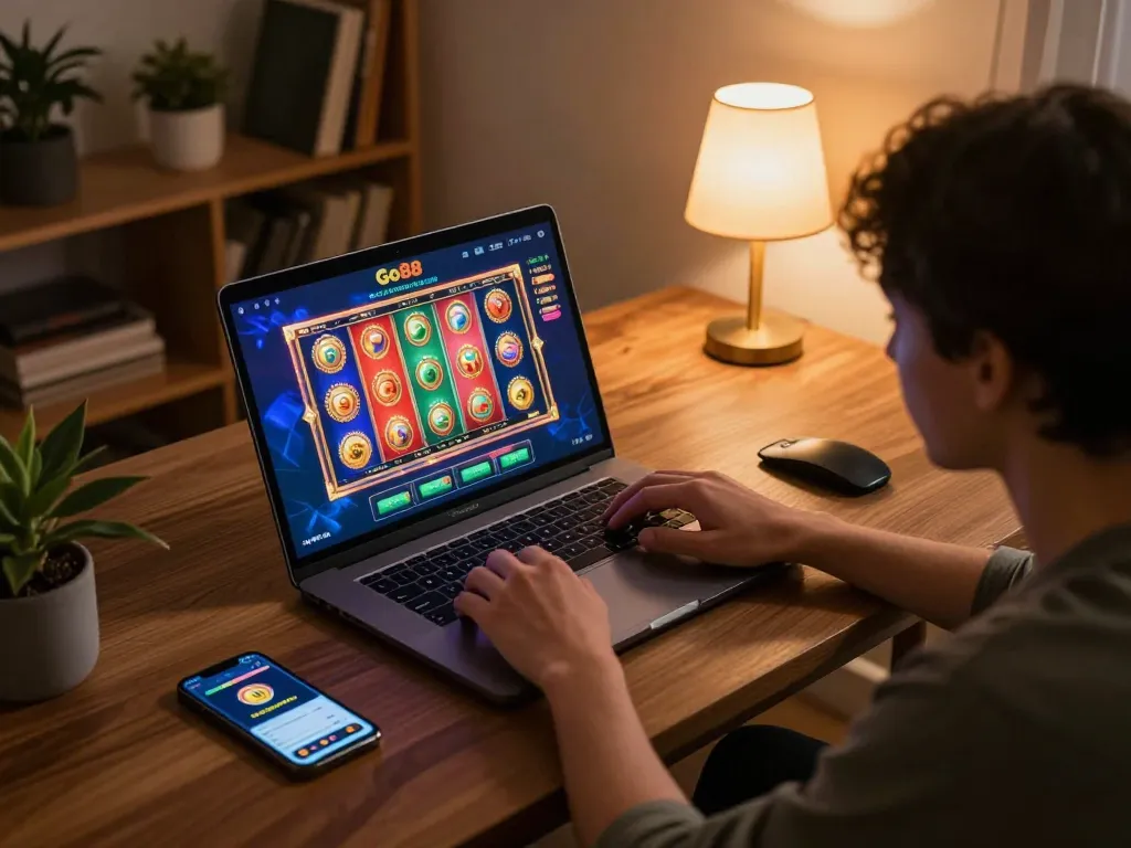 Immersive gaming session on Go88 platform with vibrant slots and cozy home setup