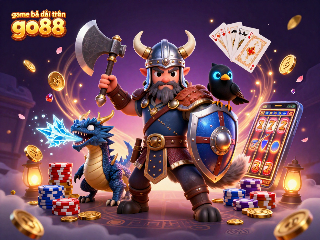Play thrilling games with game bài đổi thưởng go88, featuring a Viking wolf, dragon, and sparkling casino elements.