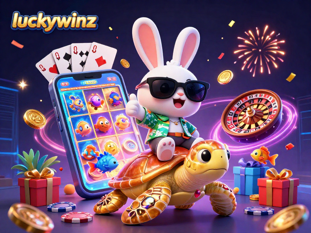 Spin and win in luckywinz adventure with a lucky rabbit and golden turtle in a vibrant casino scene.