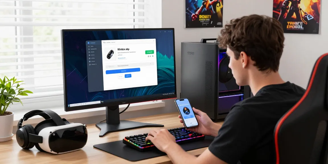 Download Winbox apk on a gaming setup with vibrant peripherals.