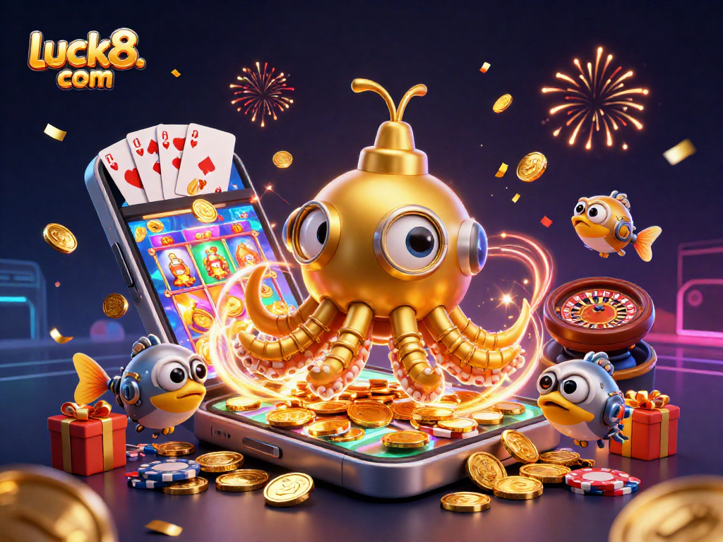 Engage with luck8. com's vibrant gaming scene featuring a golden kraken and energetic casino elements.