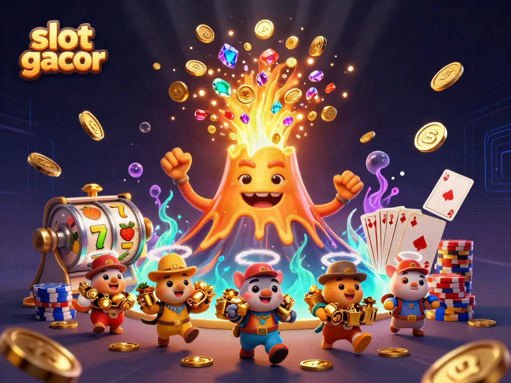 Experience the thrill of slot gacor with a 3D casino scene featuring a golden volcano and treasure-exploring animals.