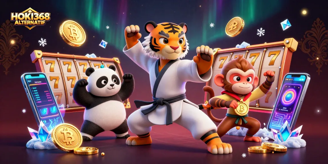 Engage with HOKI368 ALTERNATIF in a vibrant scene featuring a kung fu tiger and fun gaming elements.