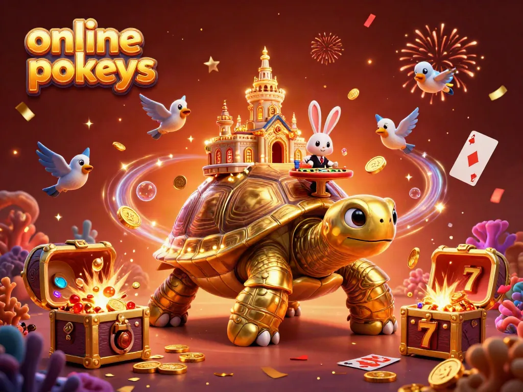Experience vibrant online pokies action with a golden tortoise casino and rabbit dealer in a colorful scene.