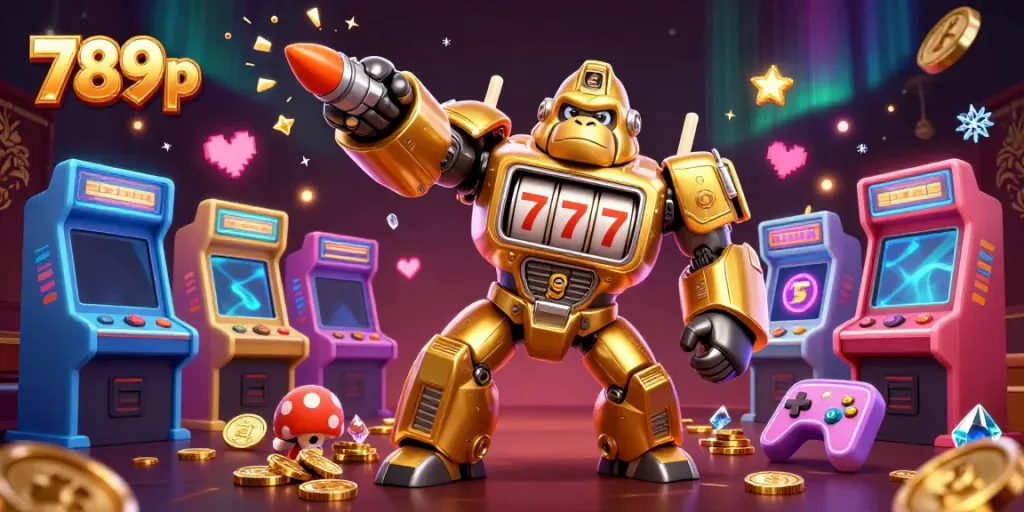 Engage in thrilling gaming action at 789p with a golden gorilla mech and 3D arcade elements.