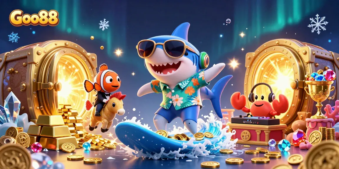 Goo88 offers thrilling gameplay as a hammer-head shark rides a wave of gold coins, enhancing your casino experience.