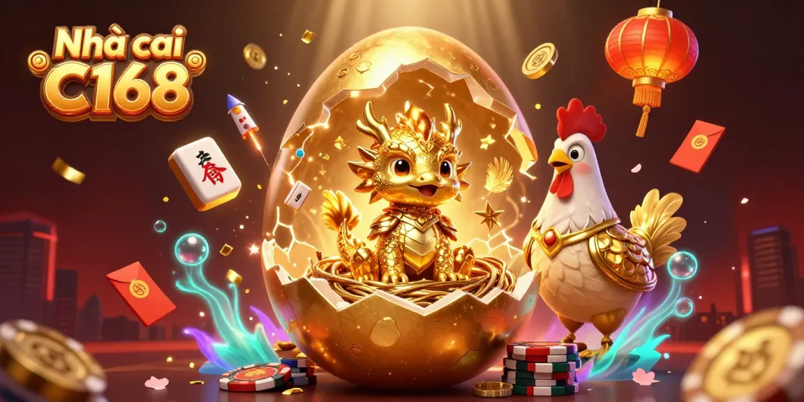 Engage with Nhà cái C168 through a vibrant casino-themed 3D illustration showcasing gold elements and exciting game features.