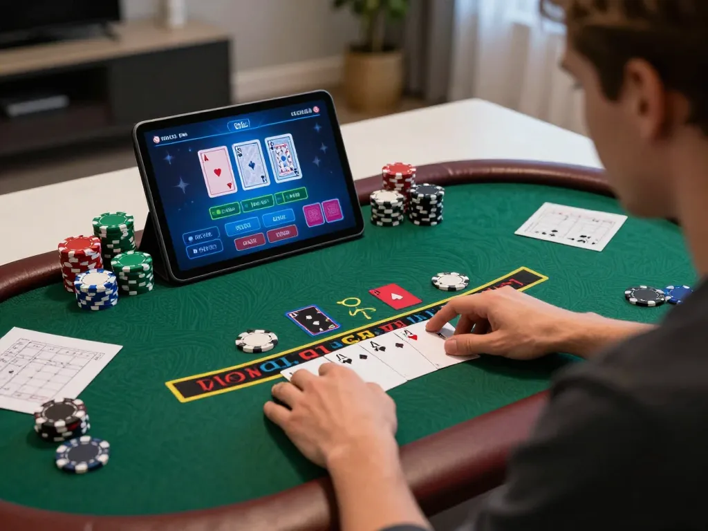 Player engaging in live dealer blackjack on 888bgo tablet with strategic notes around