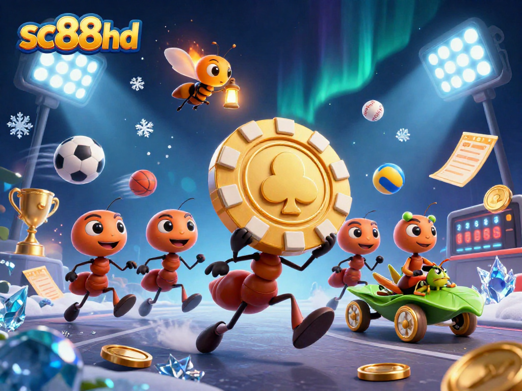 sc88hd showcases ants heisting a giant poker chip amidst casino games and vibrant sports elements.
