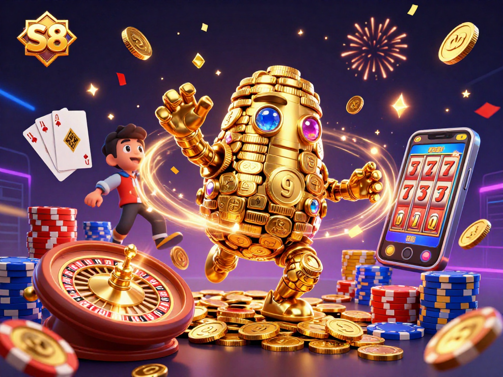 Experience the thrilling world of S8 with a stunning 3D illustration of dynamic casino elements and a golden golem!