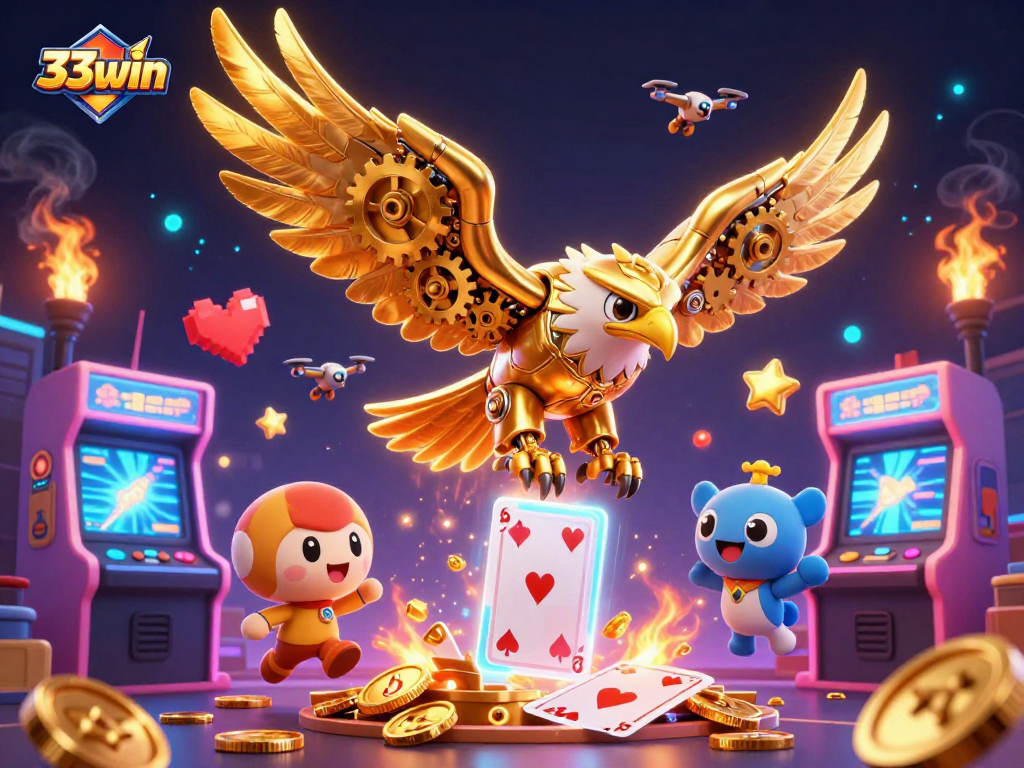 Engage with 33win's thrilling gaming universe featuring a golden eagle among holographic cards.