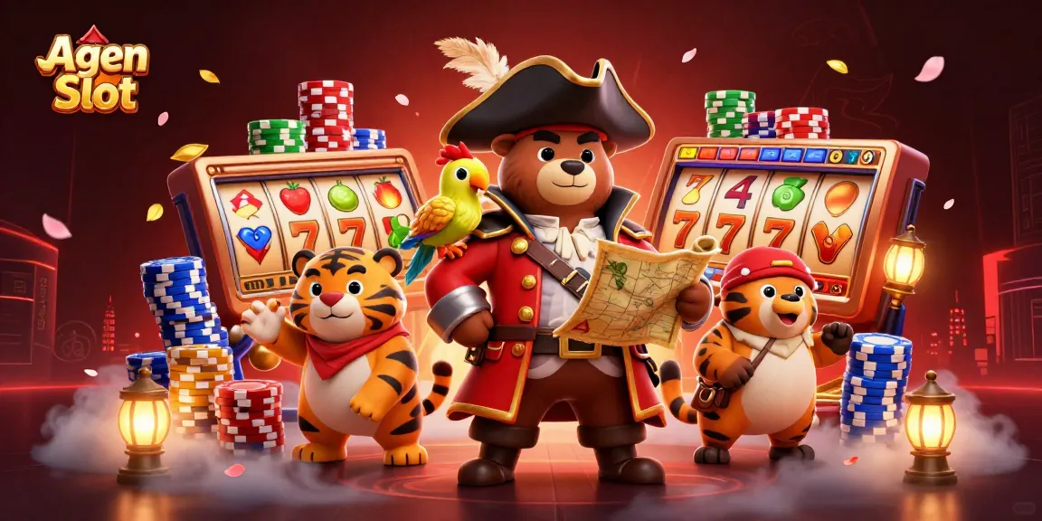 Spin the reels of Agen Slot with a stylish pirate captain bear, a fierce tiger mate, and rich casino elements.