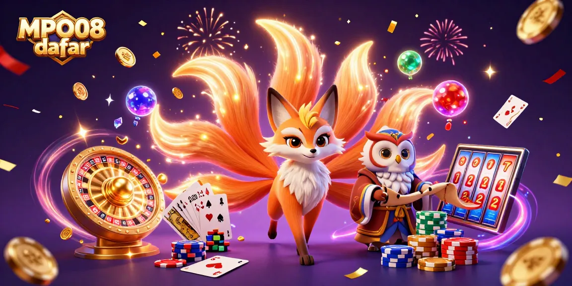 Spin and win with MPO08 daftar – captivating 3D scene featuring vibrant characters and casino elements.
