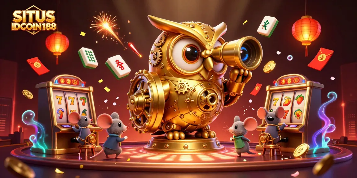 SITUS IDCOIN188 showcasing a cartoon golden owl and whimsical mice on a vibrant casino floor with glowing elements.