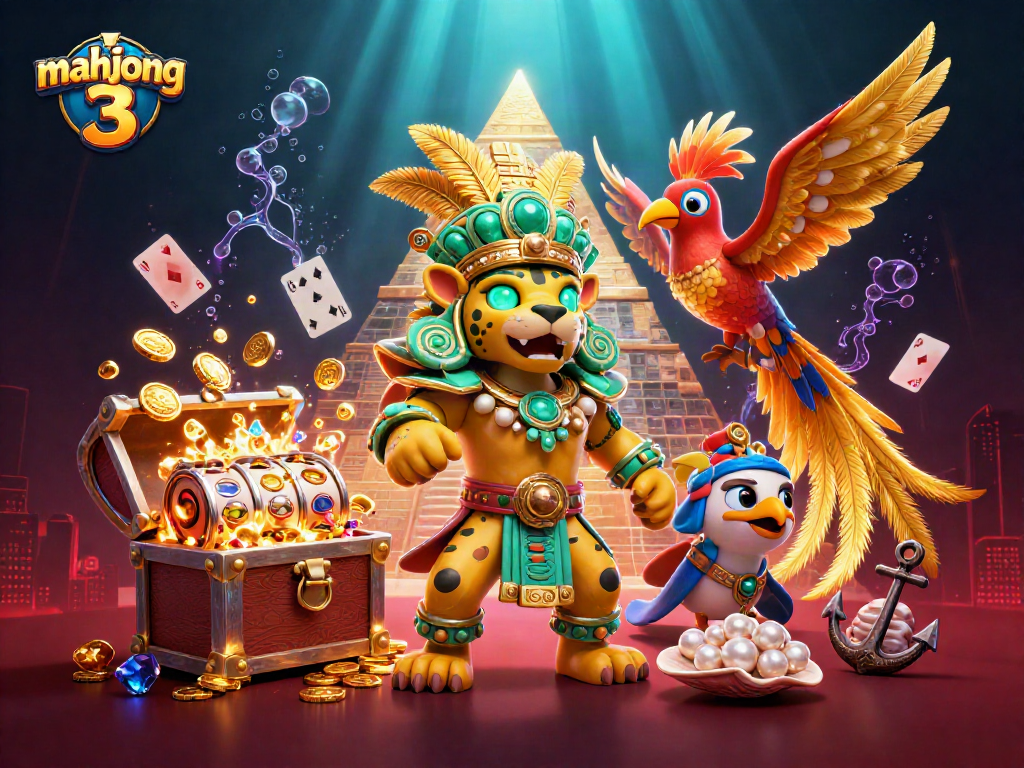 Engage with mahjong 3 in an exciting 3D lottery-themed casino scene featuring mystical Mayan characters.
