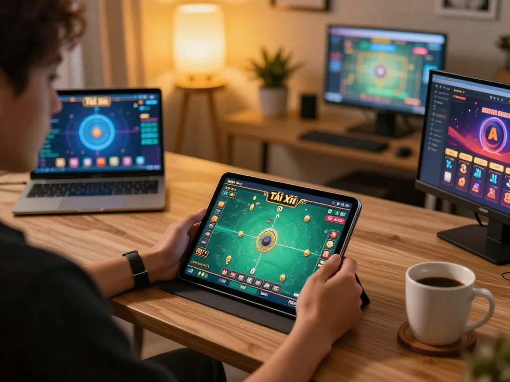 Playing Tài Xỉu online on a tablet in a cozy setup, showcasing strategic gameplay and modern decor