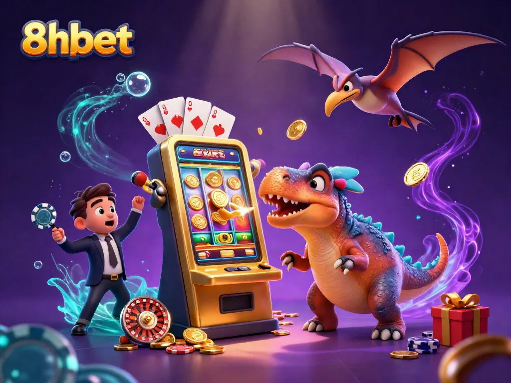 8xbet players win big as a dinosaur hits a golden slot machine, surrounded by falling coins and casino elements.