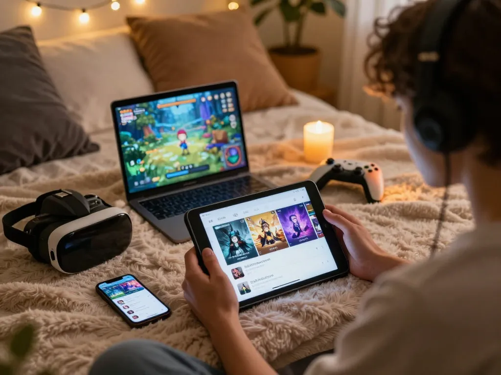 Engaging gaming atmosphere showcasing html porn games on tablet, surrounded by cozy setting and vibrant lighting.
