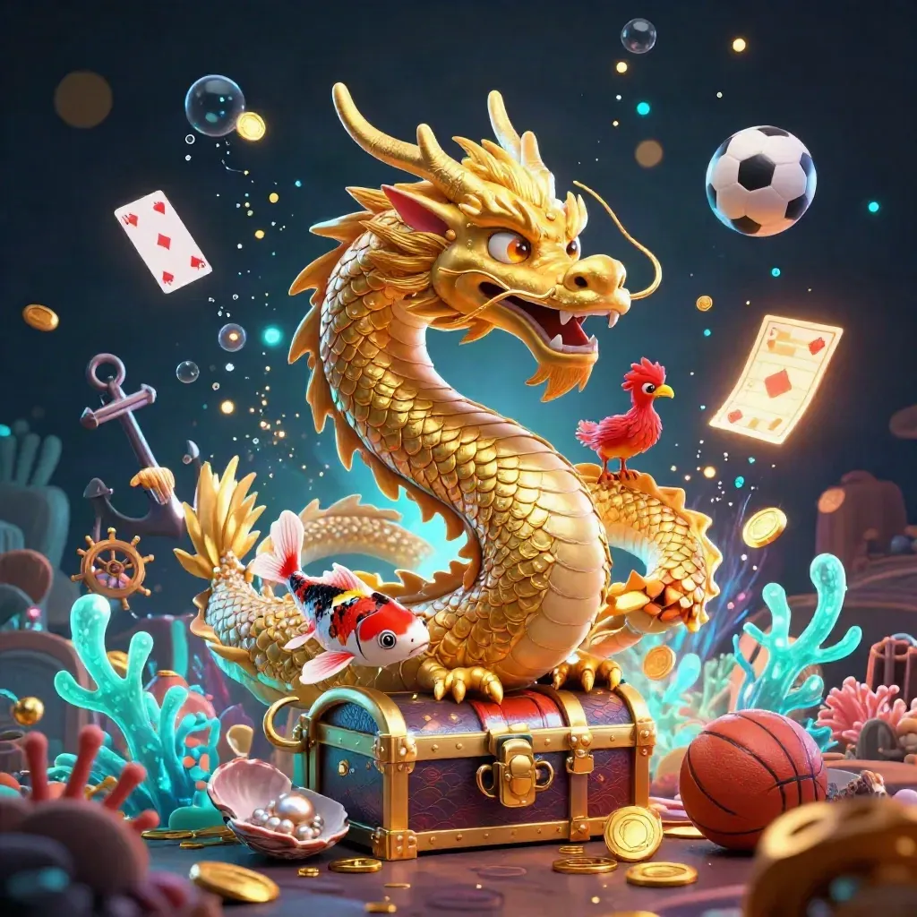 Golden dragon and treasure chest amid casino sports tokens in a glowing underwater cove.