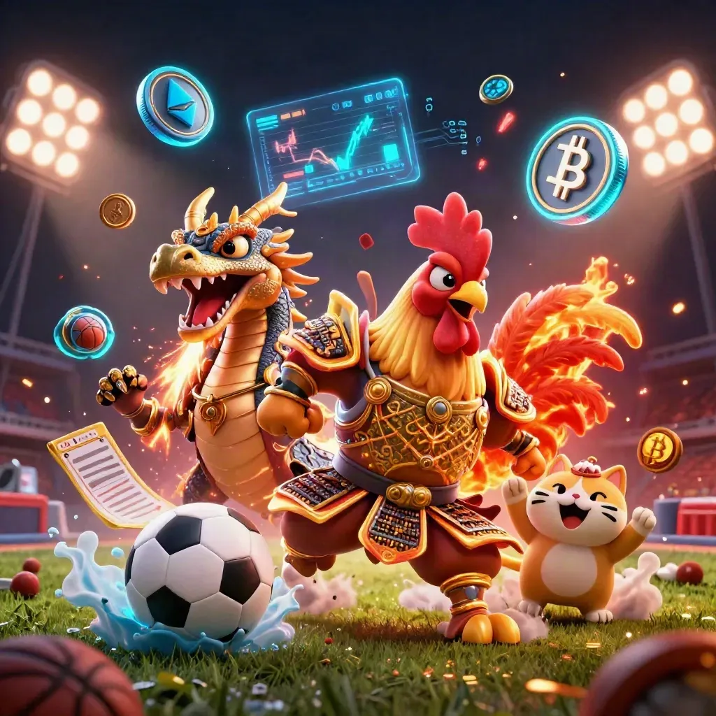 Rooster warrior, dragon hatchling, and fortune-cat amid flying sports gear and neon casino effects.