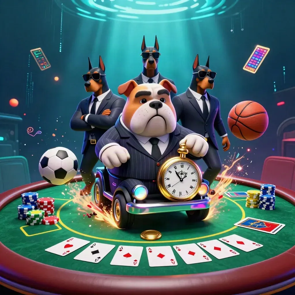 Bulldog boss and two Dobermans amid flying chips, balls, spray, and neon casino energy.