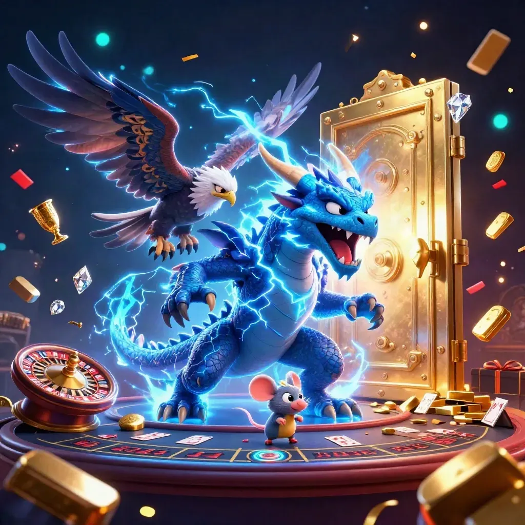 Thunder dragon, wind hawk, and static mouse explode from a vault in neon casino light.