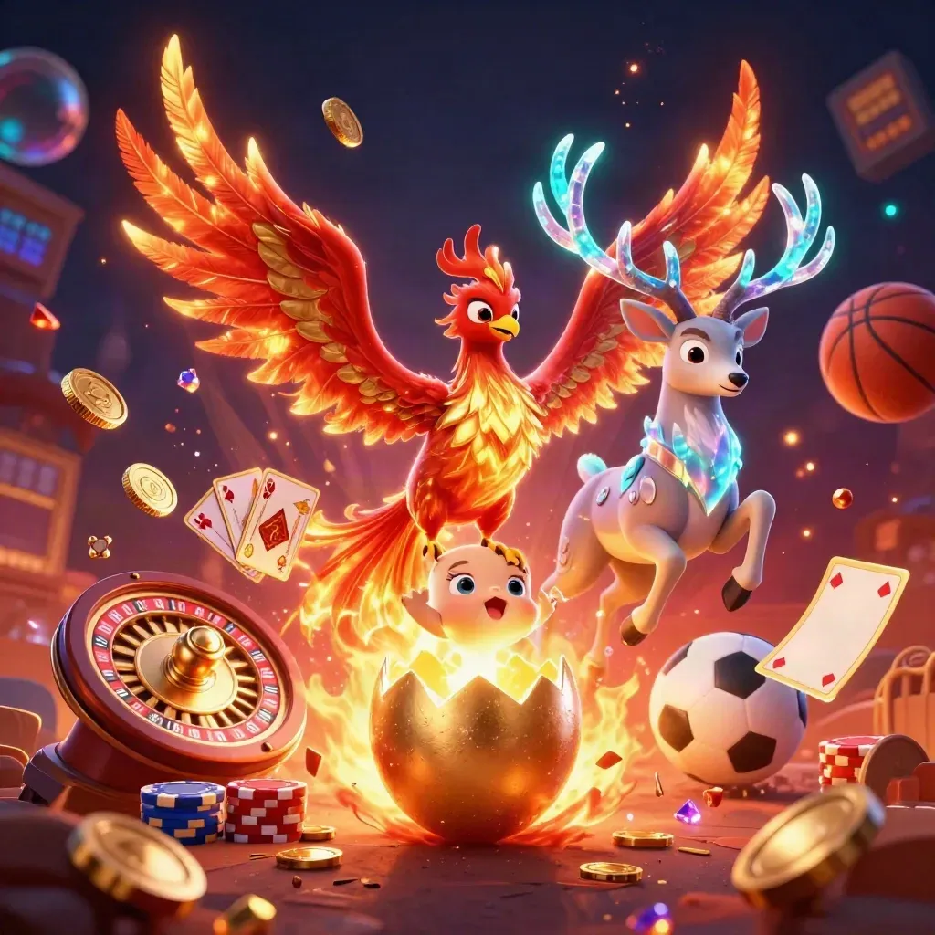 Low-angle phoenix, stag, and jackpot casino burst with coins, cards, roulette, soccer and basketball.