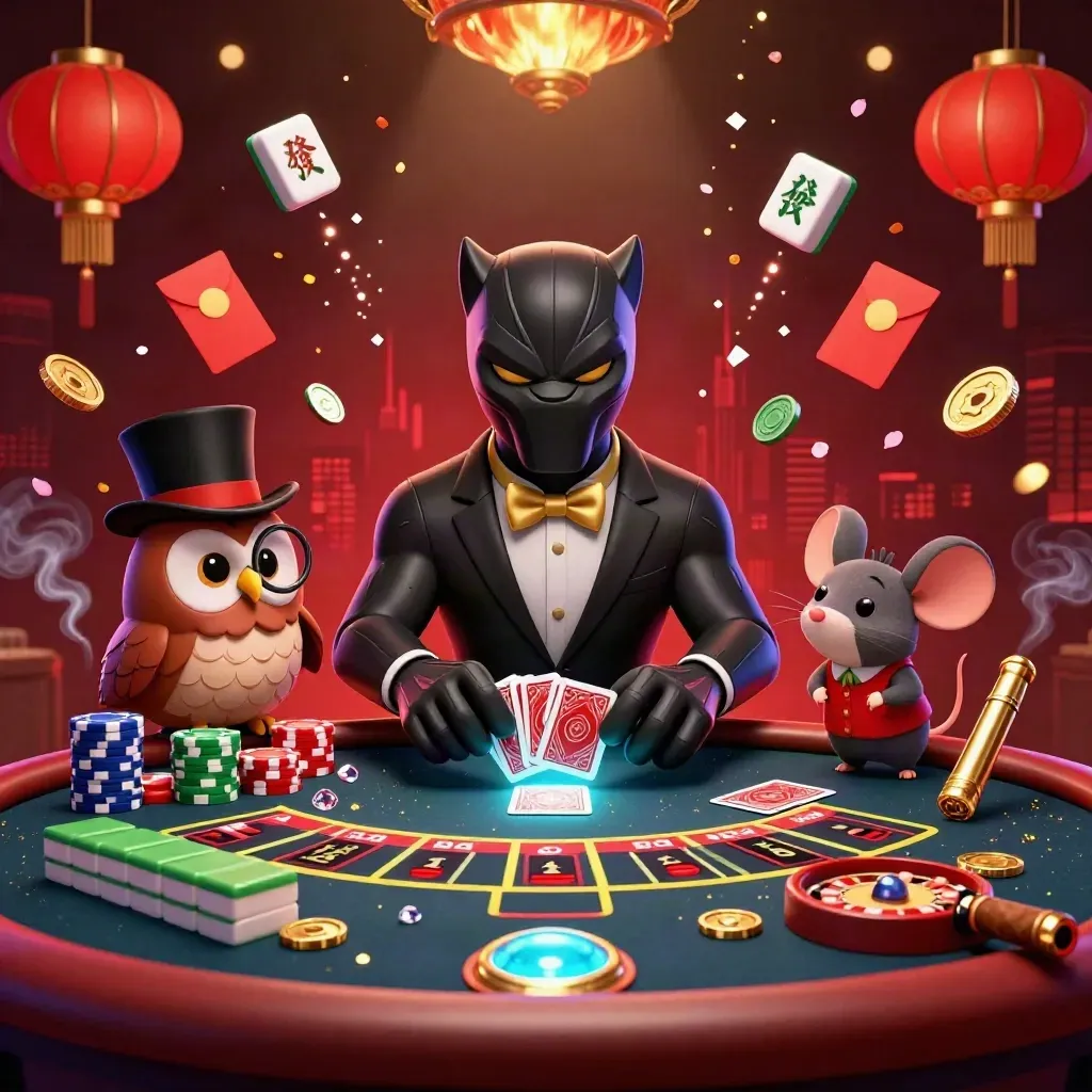 Panther, owl, and mouse in a neon casino scene with lanterns, coins, and glowing table lights