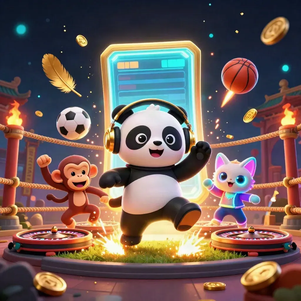 DJ panda, monkey, and glow-stick kitten blast through coins, balls, and neon casino light.