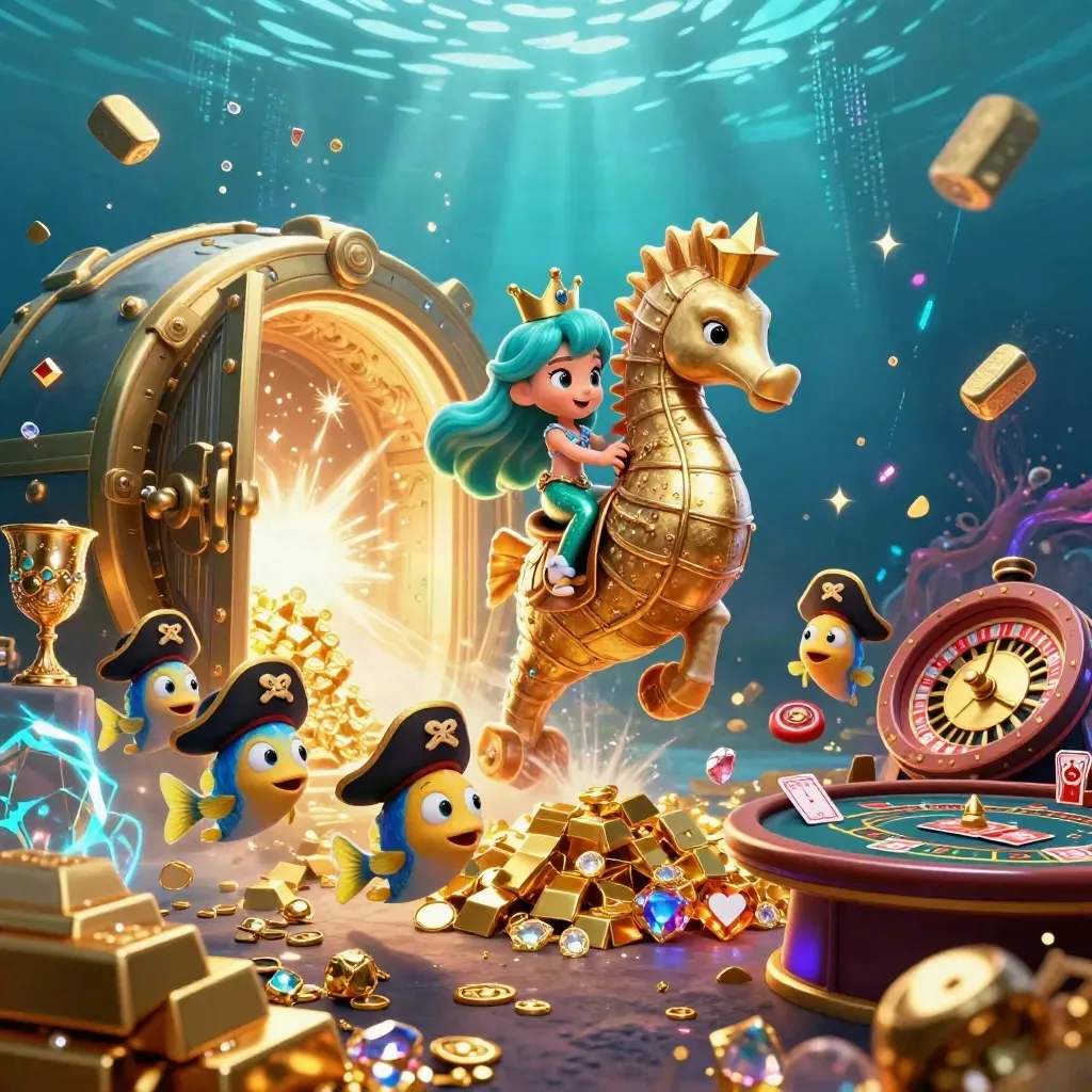 Mermaid princess rides a golden seahorse through a neon treasure vault with casino glam.