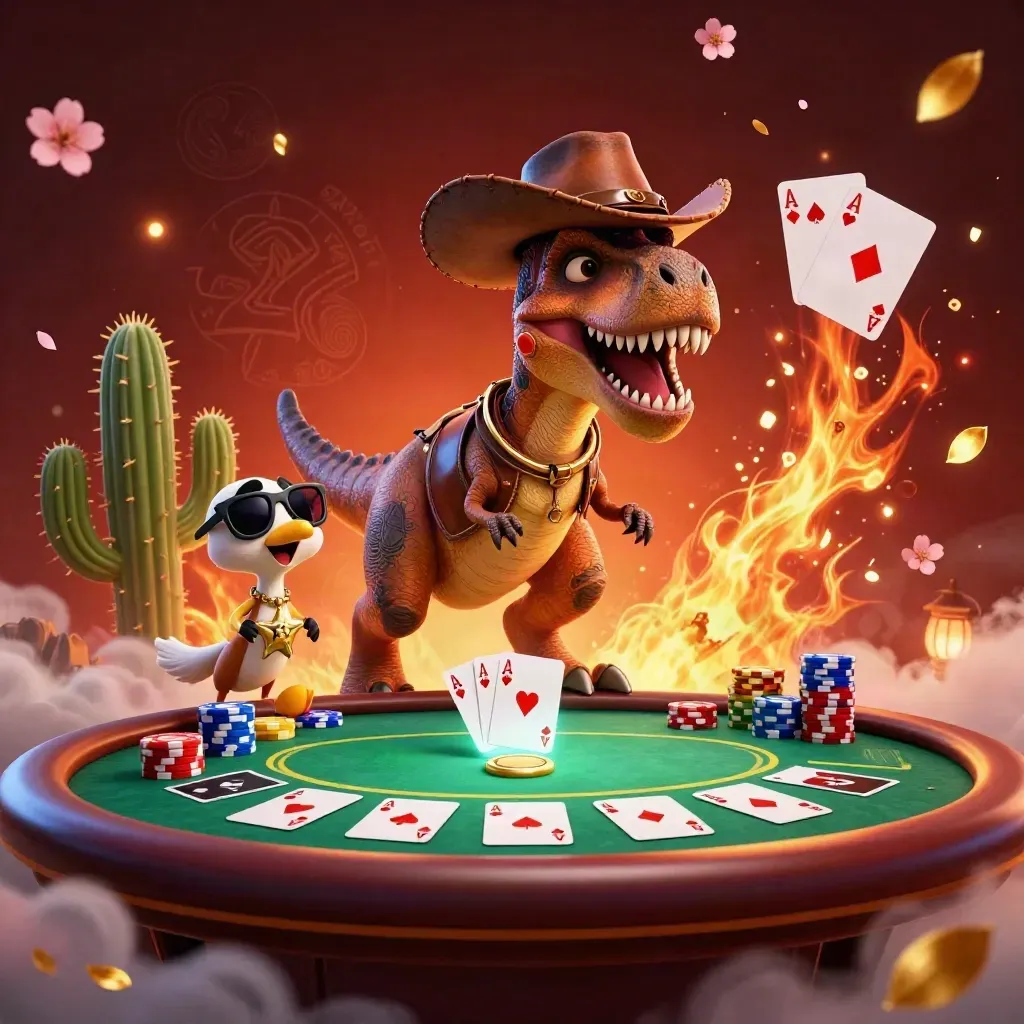 Cartoon cowboy T-Rex with cactus and roadrunner amid casino chips, cards, and glowing runes.