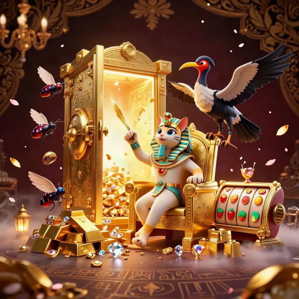 Pharaoh cat, ibis scribe and gem-winged scarabs burst from a golden vault amid jewels and neon glow.