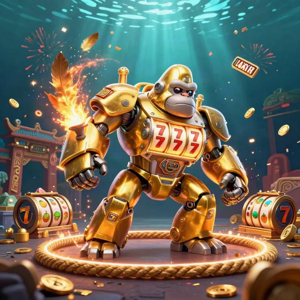 Golden gorilla slot mech with monkey pilot, treasure burst, temple gate, confetti, and casino glow.