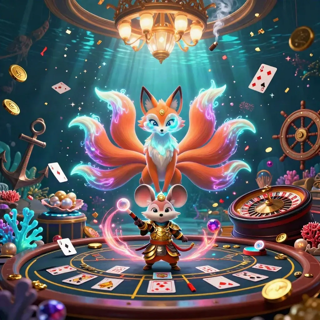 Neon fox spirit and armored mouse in an underwater treasure casino cove.
