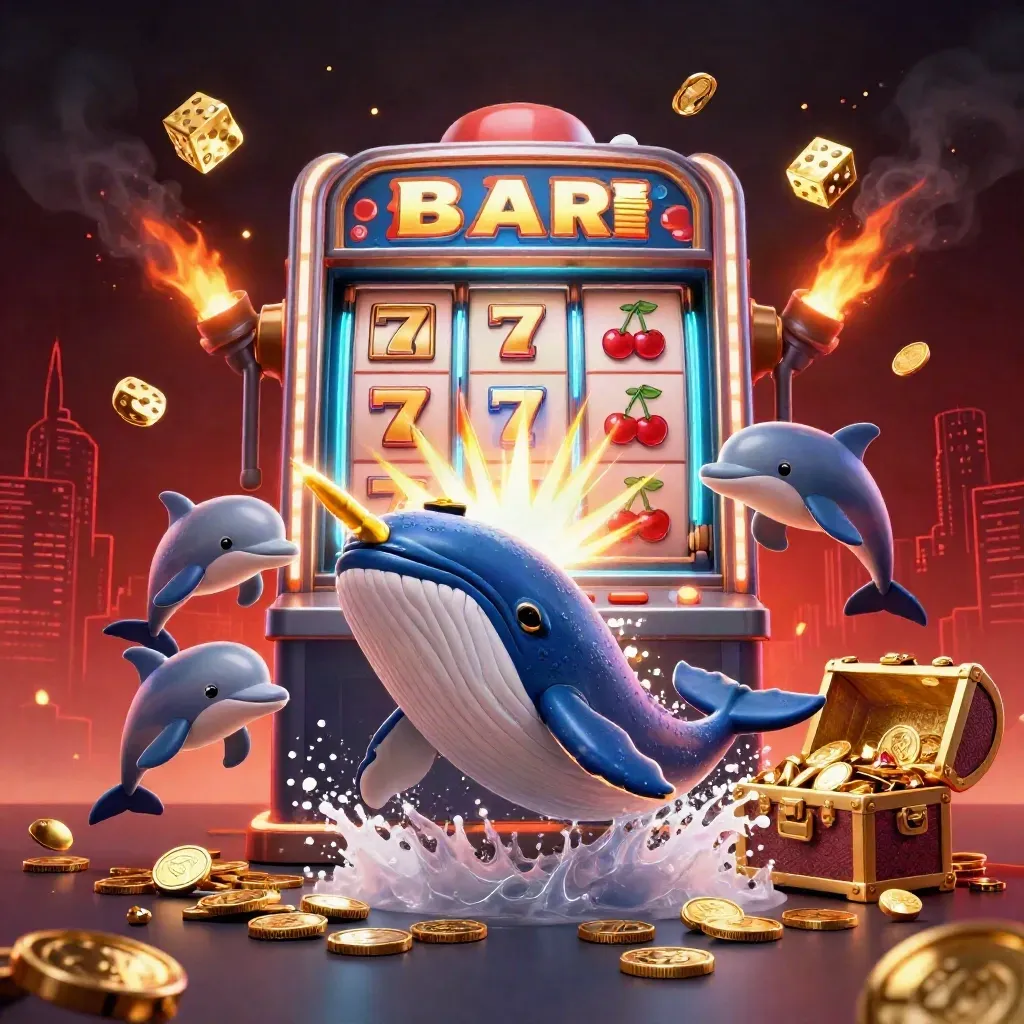 Whale captain, narwhal and dolphins amid a bursting jackpot slot machine and treasure storm.
