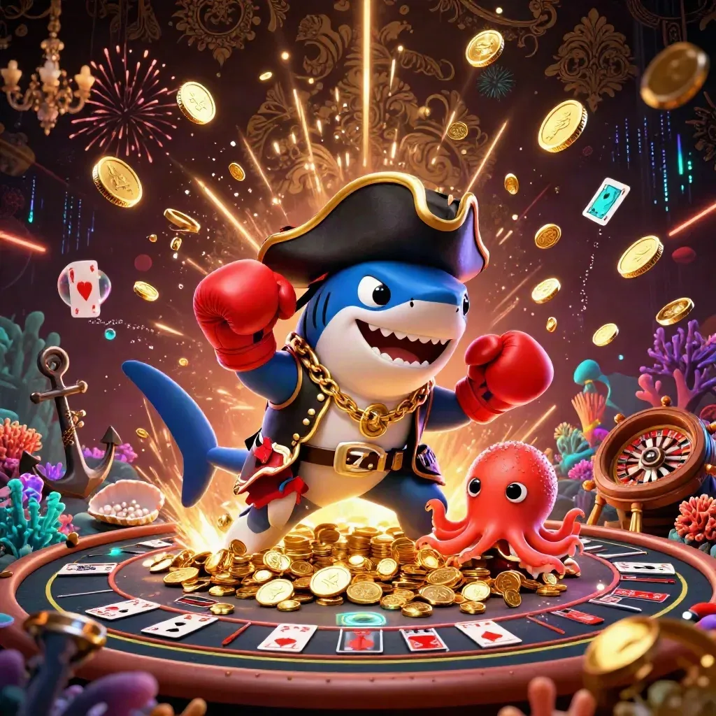 Shark pirate, boxing pufferfish, and juggling octopus in a coin-blasting casino treasure cove.