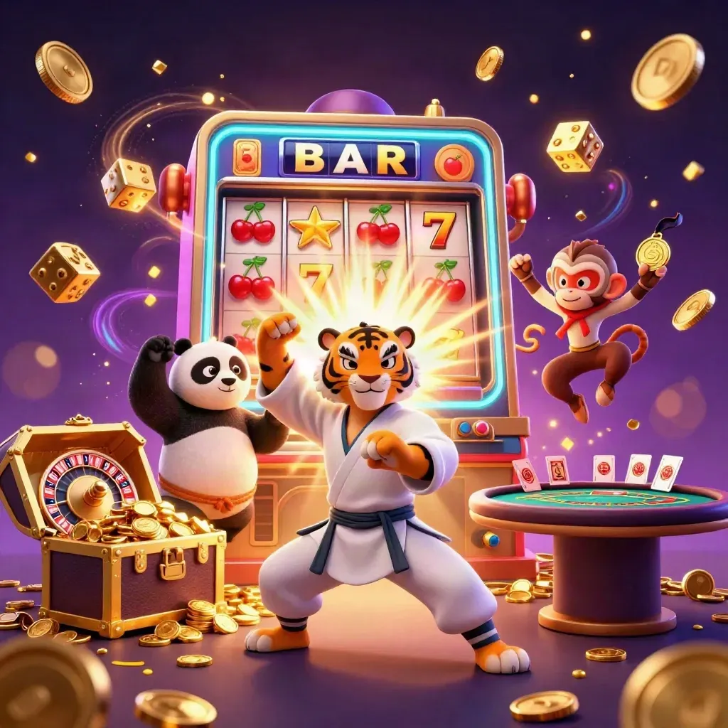Tiger, panda, and monkey celebrate amid slots, gold coins, dice, and casino lights.