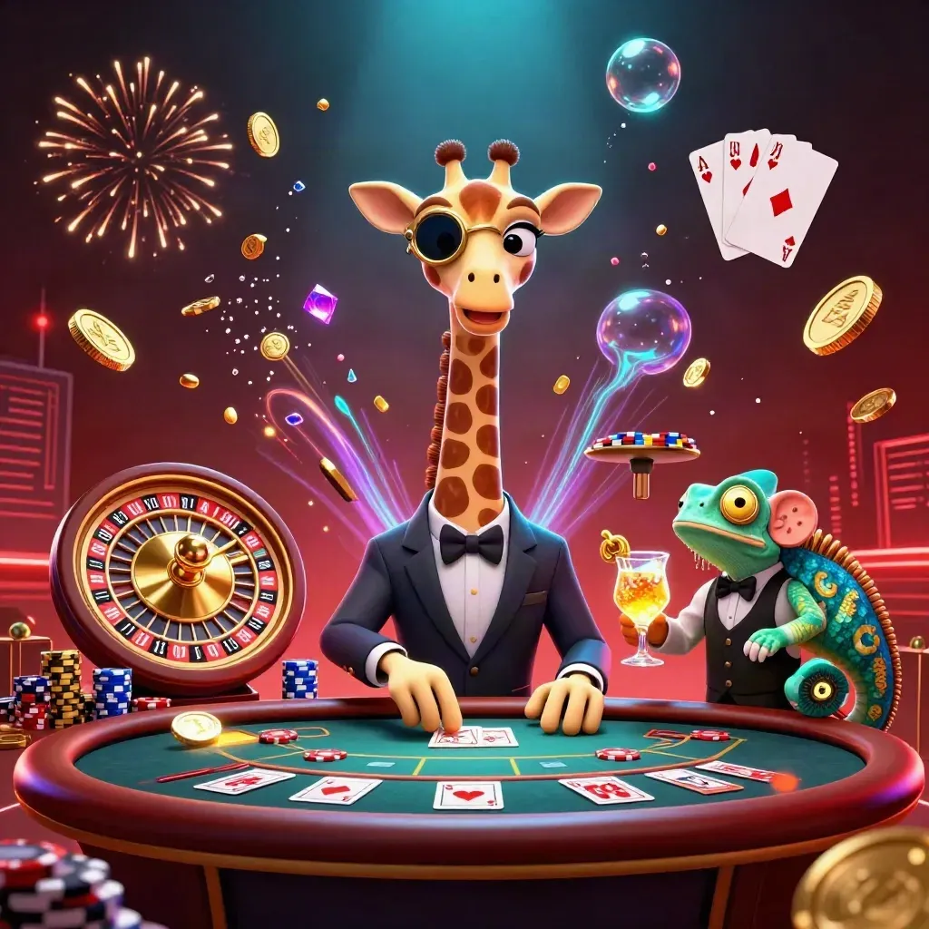 Giraffe, monkey, and chameleon in a casino celebration with coins, cards, and fireworks.
