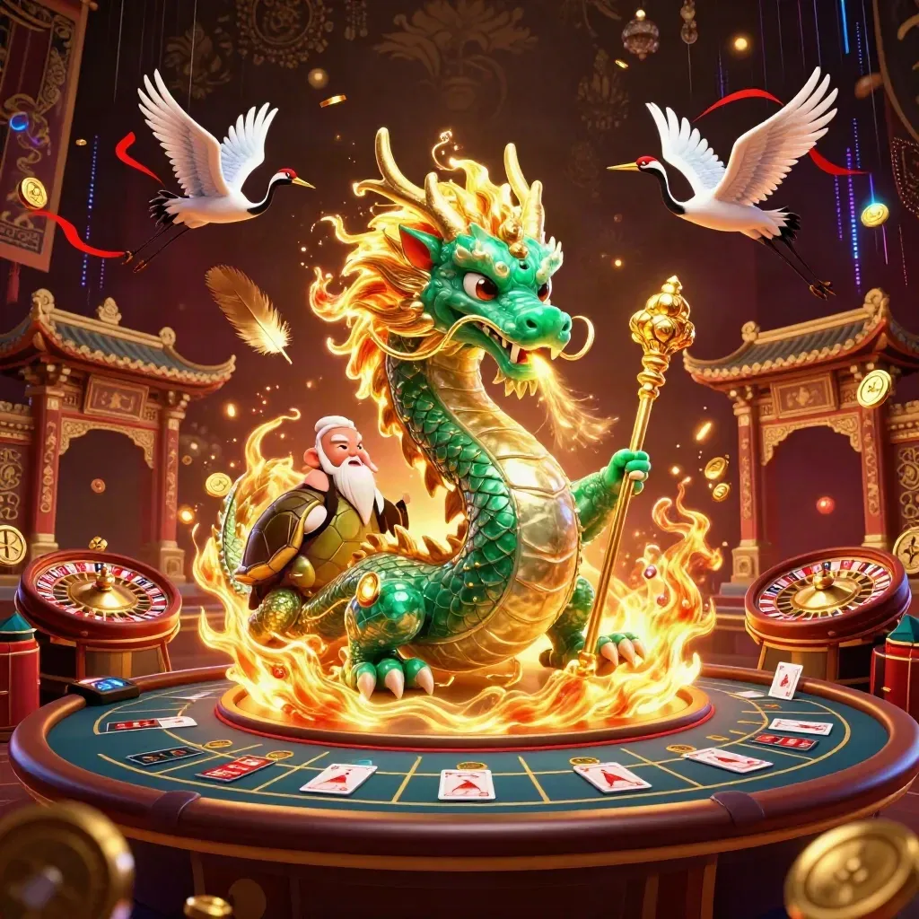 Emerald dragon, turtle sage, and ribbon cranes amid gold coins, roulette wheel, and casino fireworks.