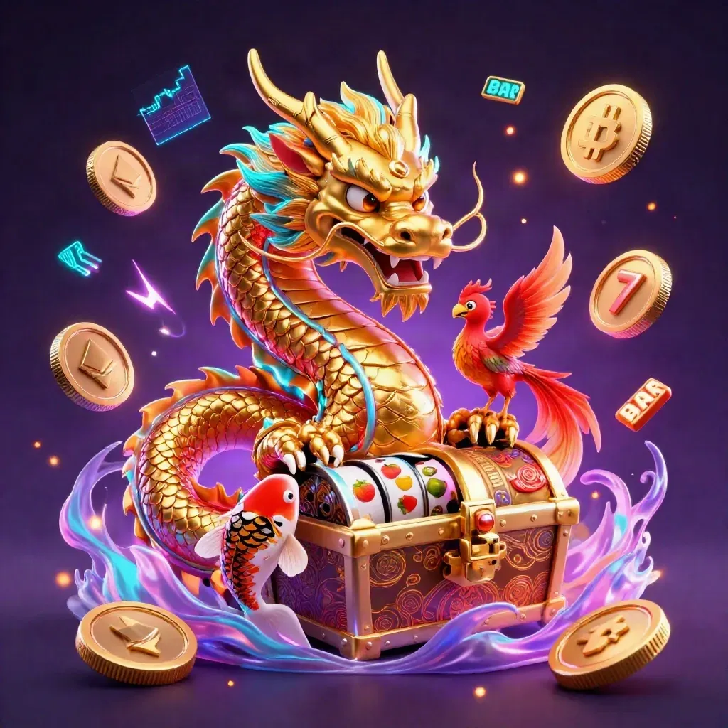 Golden dragon, baby phoenix and koi blasting through casino relics on a purple-black starfield