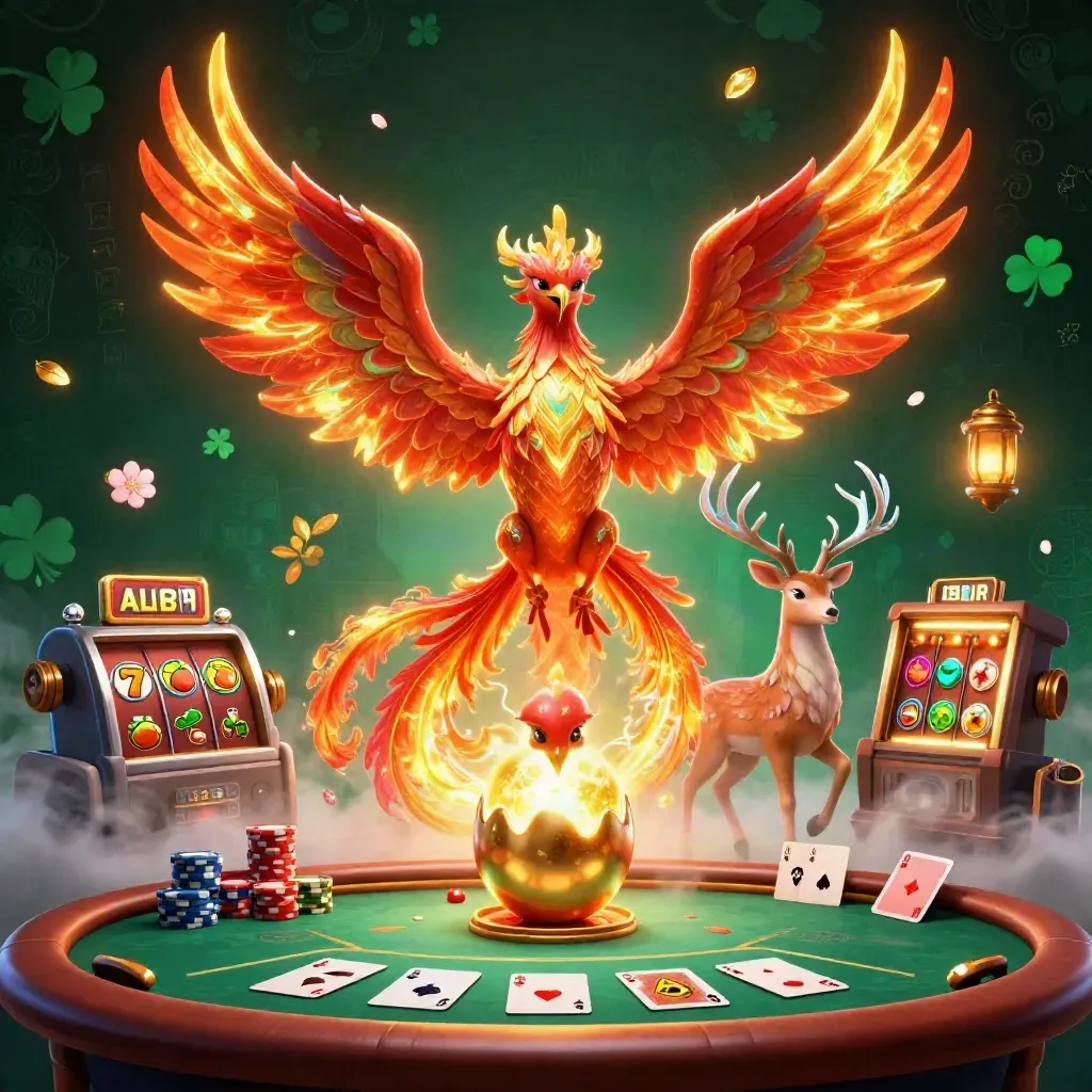 Crimson phoenix, hatching baby phoenix, and crystal stag in a neon casino fantasy