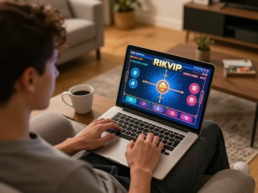 Player engaging in online gambling on RIKVIP with laptop showing vibrant game interface.