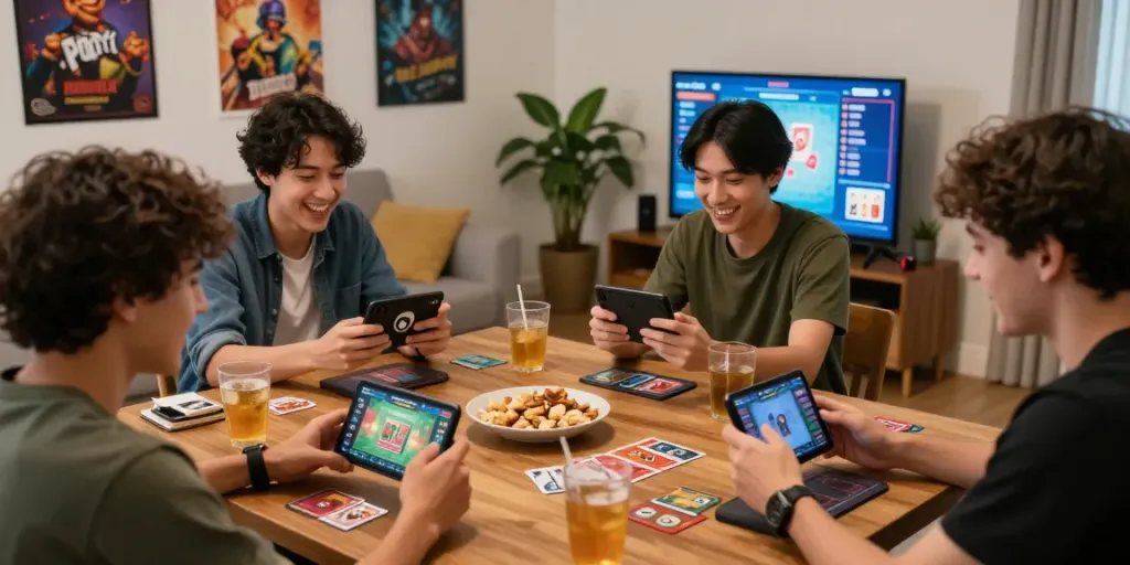Friends enjoying the 3 Patti no1 card game in a lively living room.